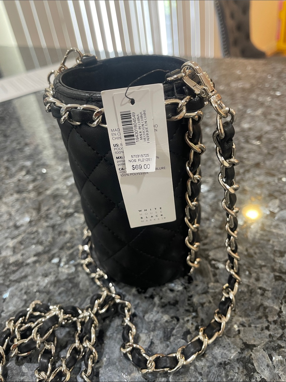 Black Quilted Leather Bucket Crossbody with Silver Chain - Picture 4 of 5